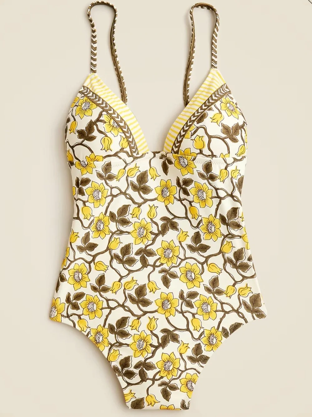 NWT J. Crew Strappy One-Piece Swimsuit in Daffodil Daze Block Print | Size 24